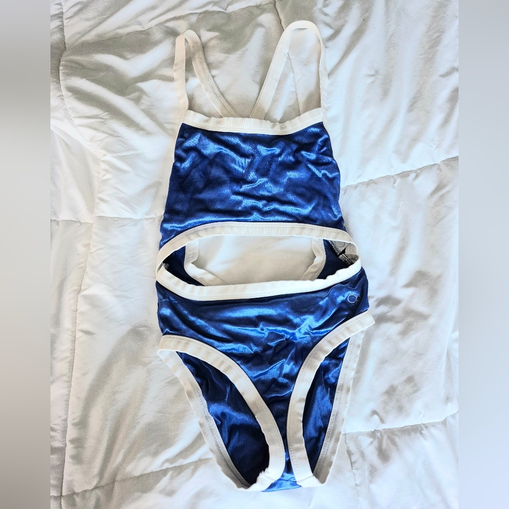 Vtg 90s OP Royal Blue/White Piped Cutout Swimsuit Beach Colorful Retro Sporty